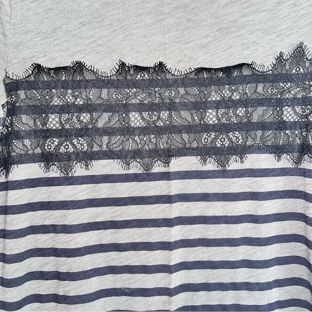 Loft Striped Gray Navy Blue Lace Appliqué Tee - Picture 2 of 4